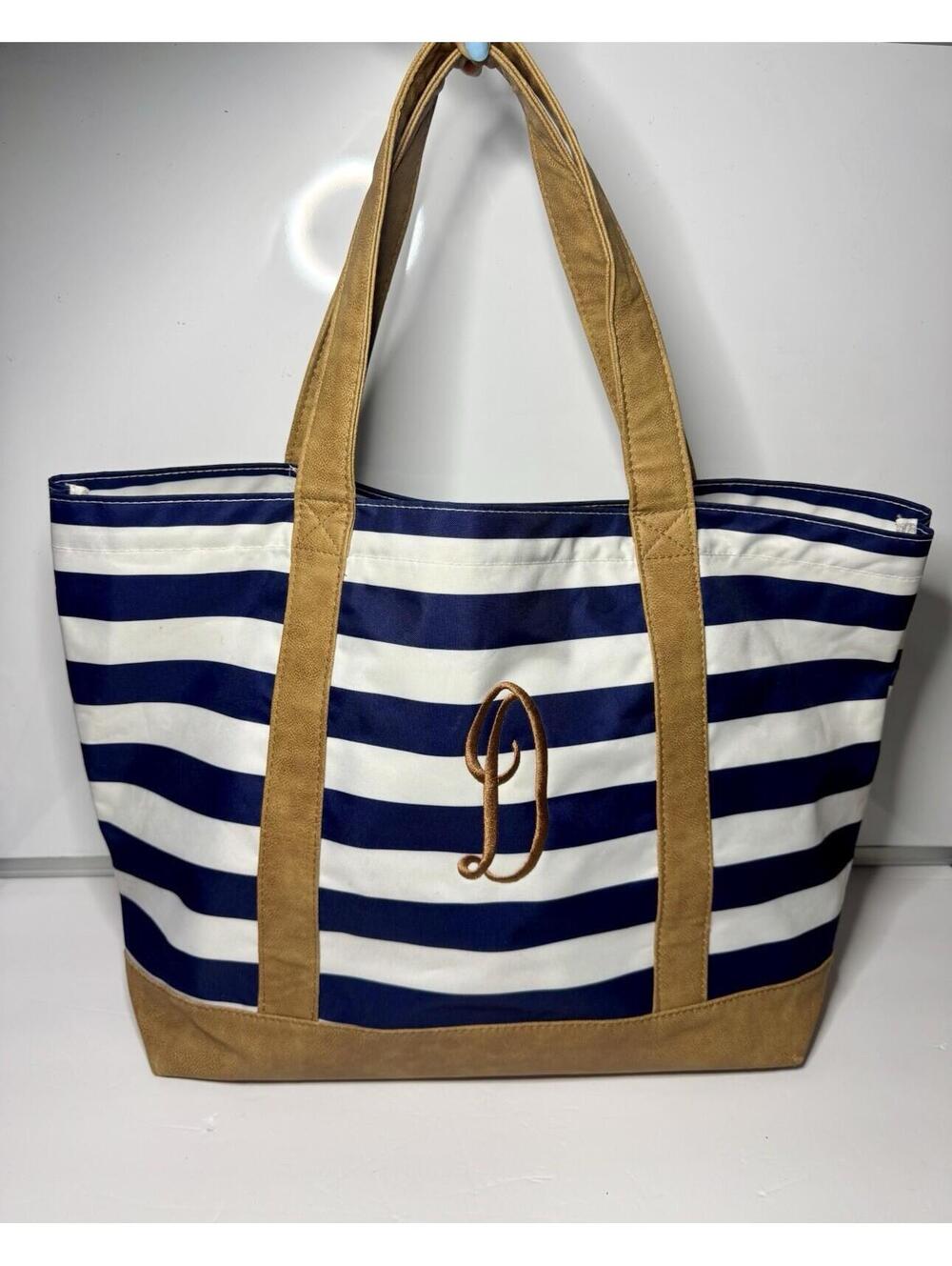 Spartina 449 Tote Bag Blue White Stripe Monogram D Large Beach Coastal Preppy